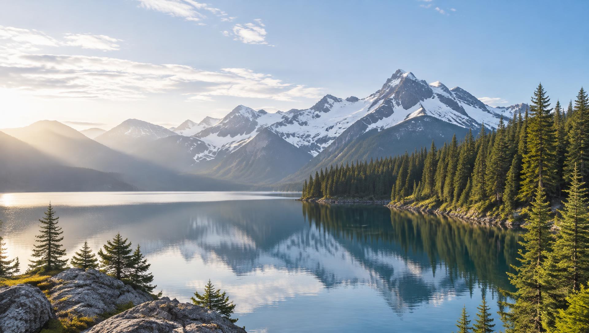 Cascade peaks above an alpine lake and evergreen forest